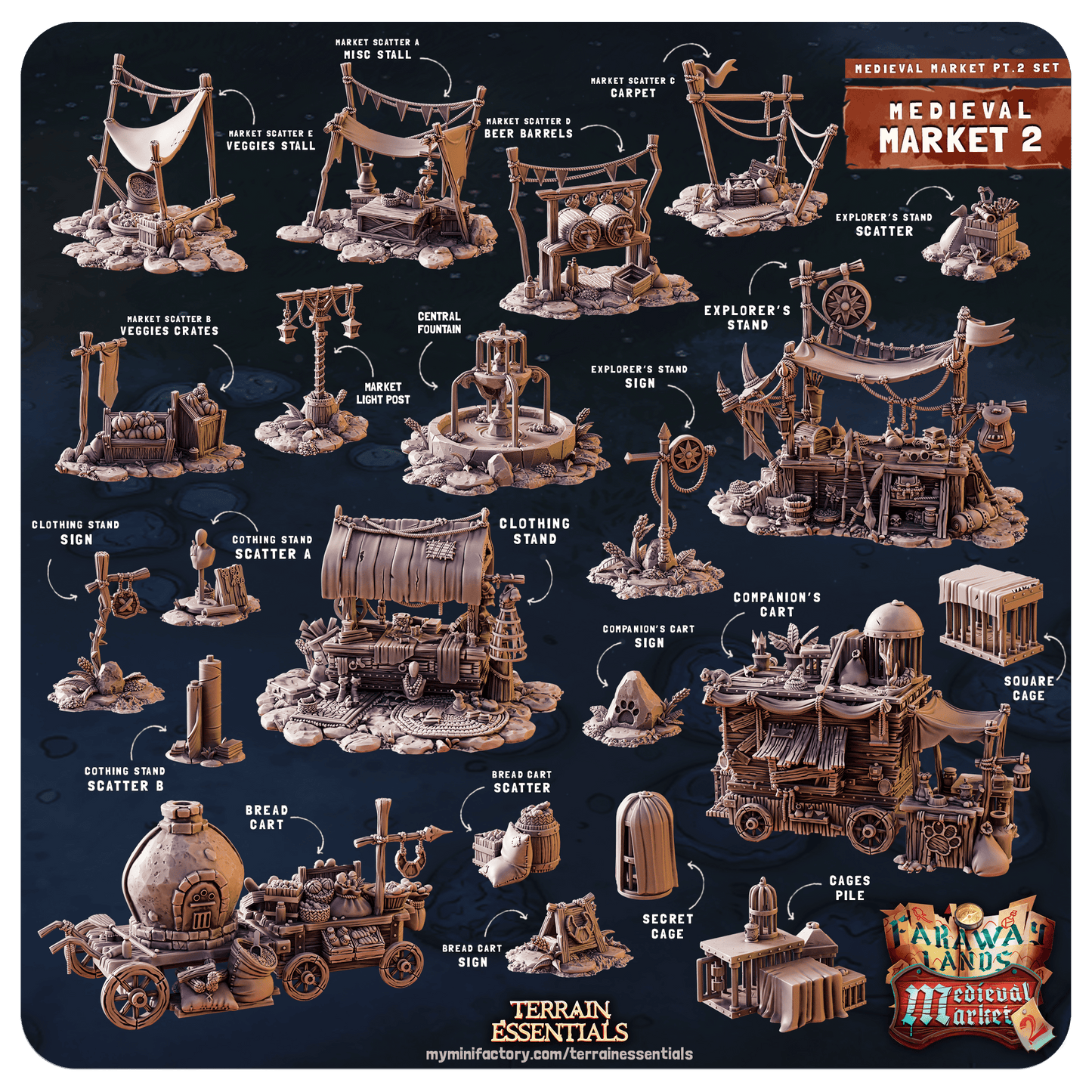 3D Printed Cast n Play Medieval Market 2 Terrain Set 28mm 32mm D&D - 3D Printing Boss 