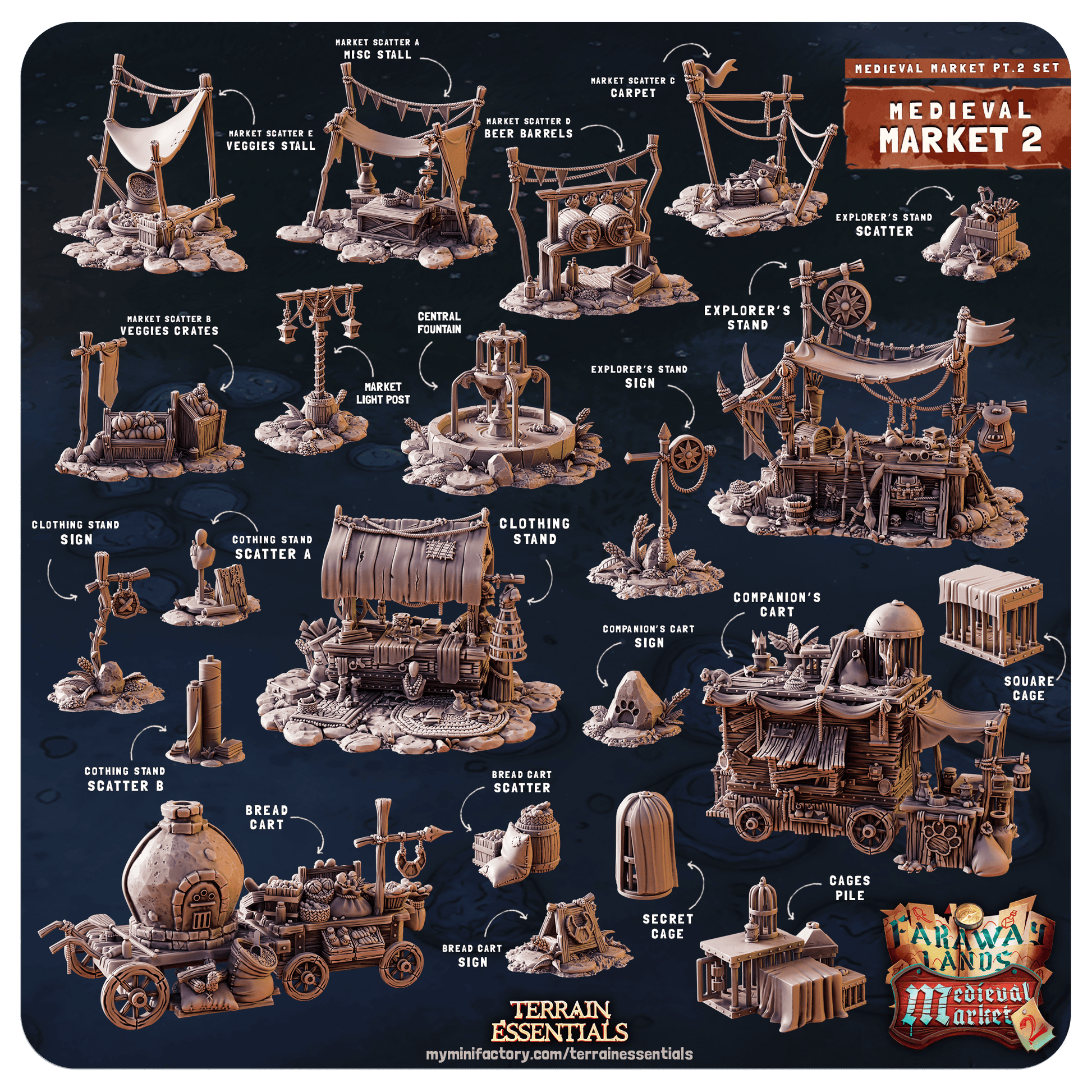 3D Printed Cast n Play Medieval Market 2 Terrain Set 28mm 32mm D&D - 3D Printing Boss 