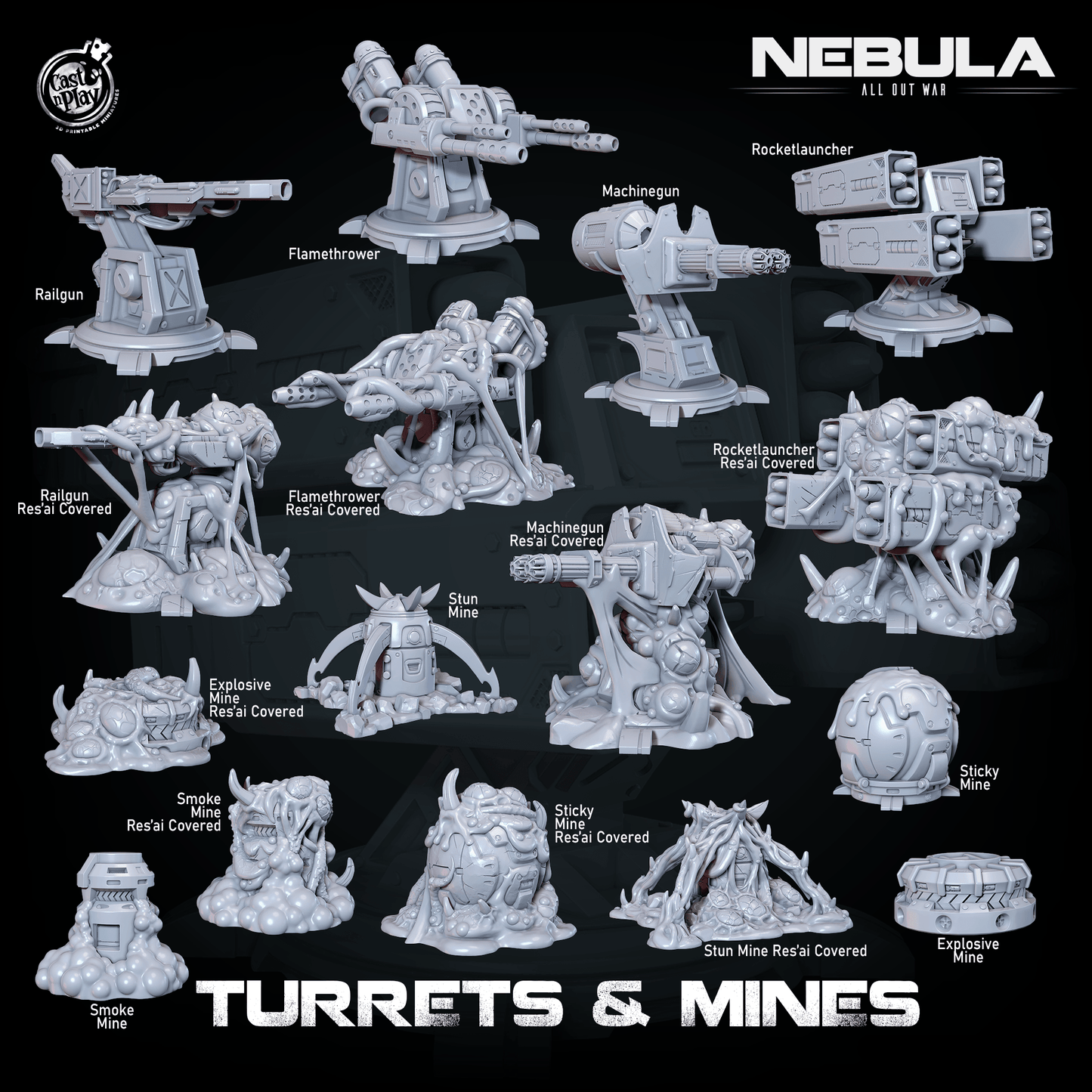 3D Printed Cast n Play Mines And Turrets Nebula All Out War 28mm 32mm D&D - 3D Printing Boss 