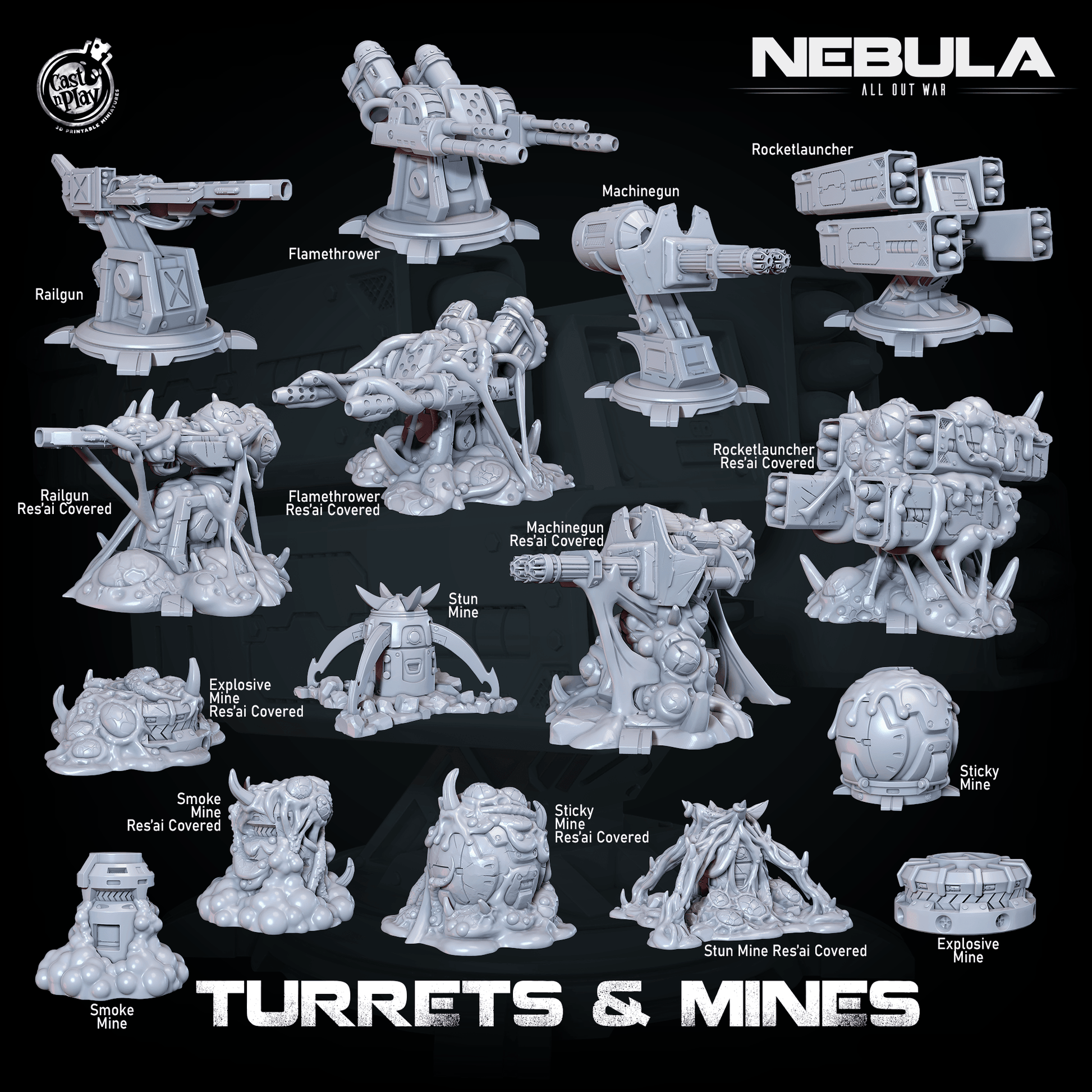 3D Printed Cast n Play Mines And Turrets Nebula All Out War 28mm 32mm D&D - 3D Printing Boss 