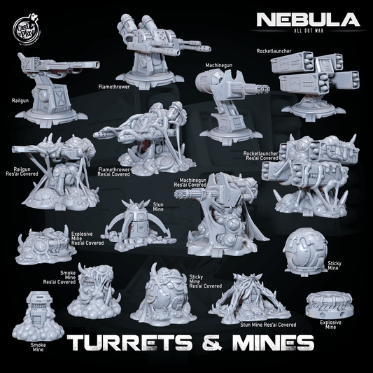 3D Printed Cast n Play Mines And Turrets Nebula All Out War 28mm 32mm D&D - 3D Printing Boss 