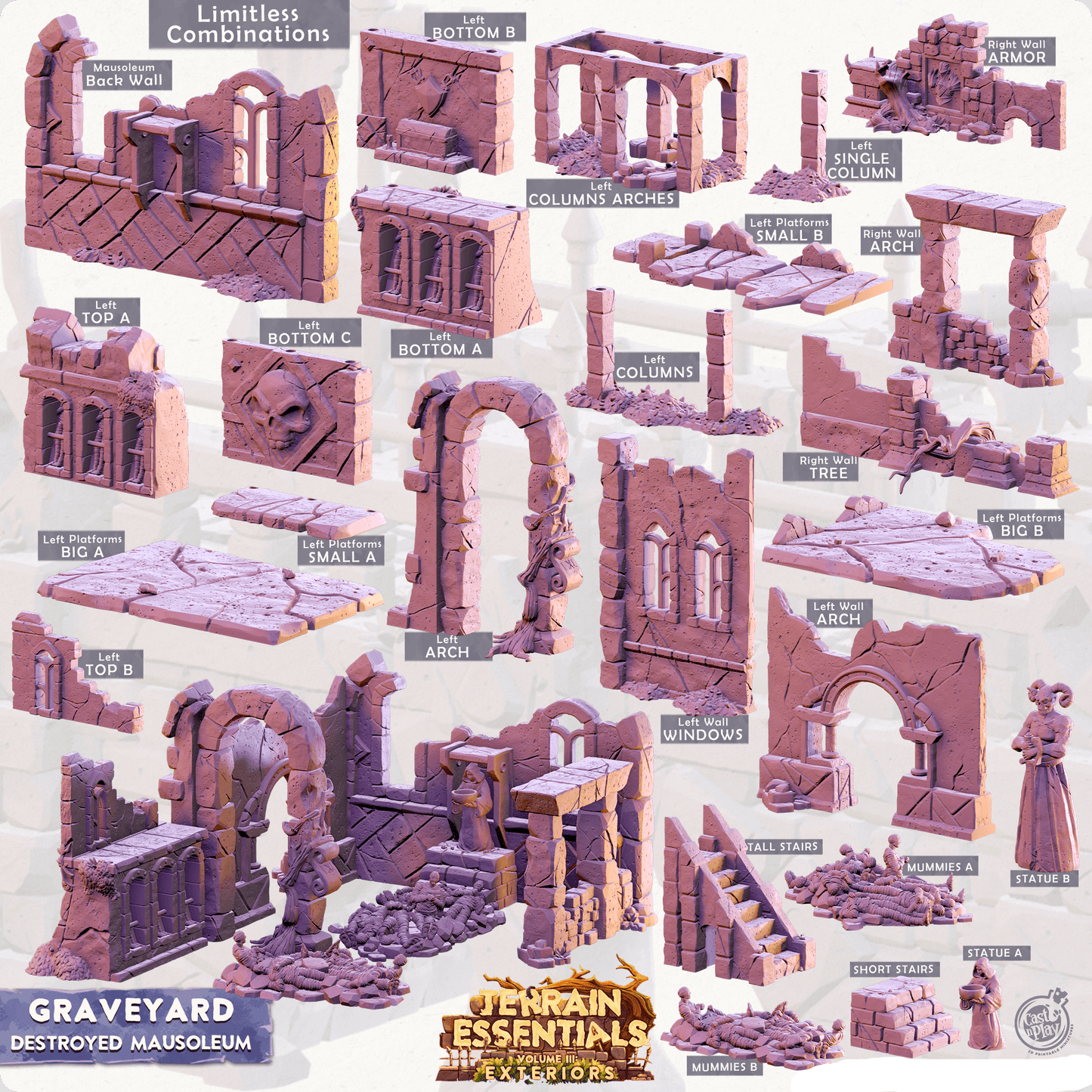 3D Printed Cast n Play Modular Destroyed Mausoleum Graveyard Set 28mm 32mm D&D - 3D Printing Boss 
