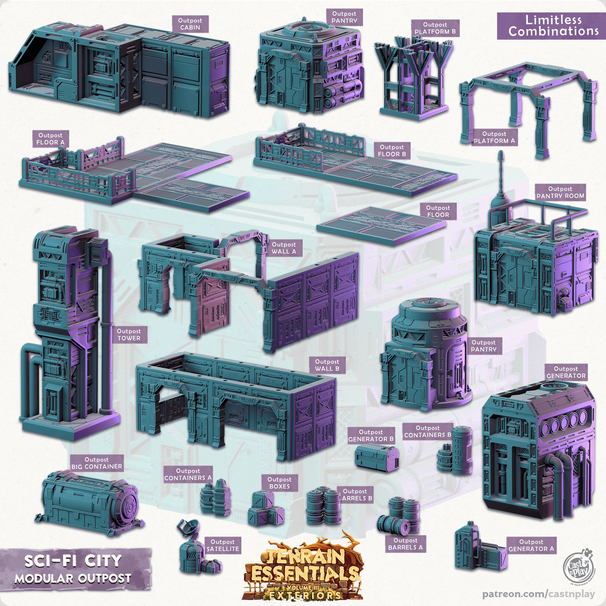 3D Printed Cast n Play Modular Outposts Sci-Fi City Set Terrain Essentials Vol III Exteriors 28mm 32mm D&D - 3D Printing Boss 