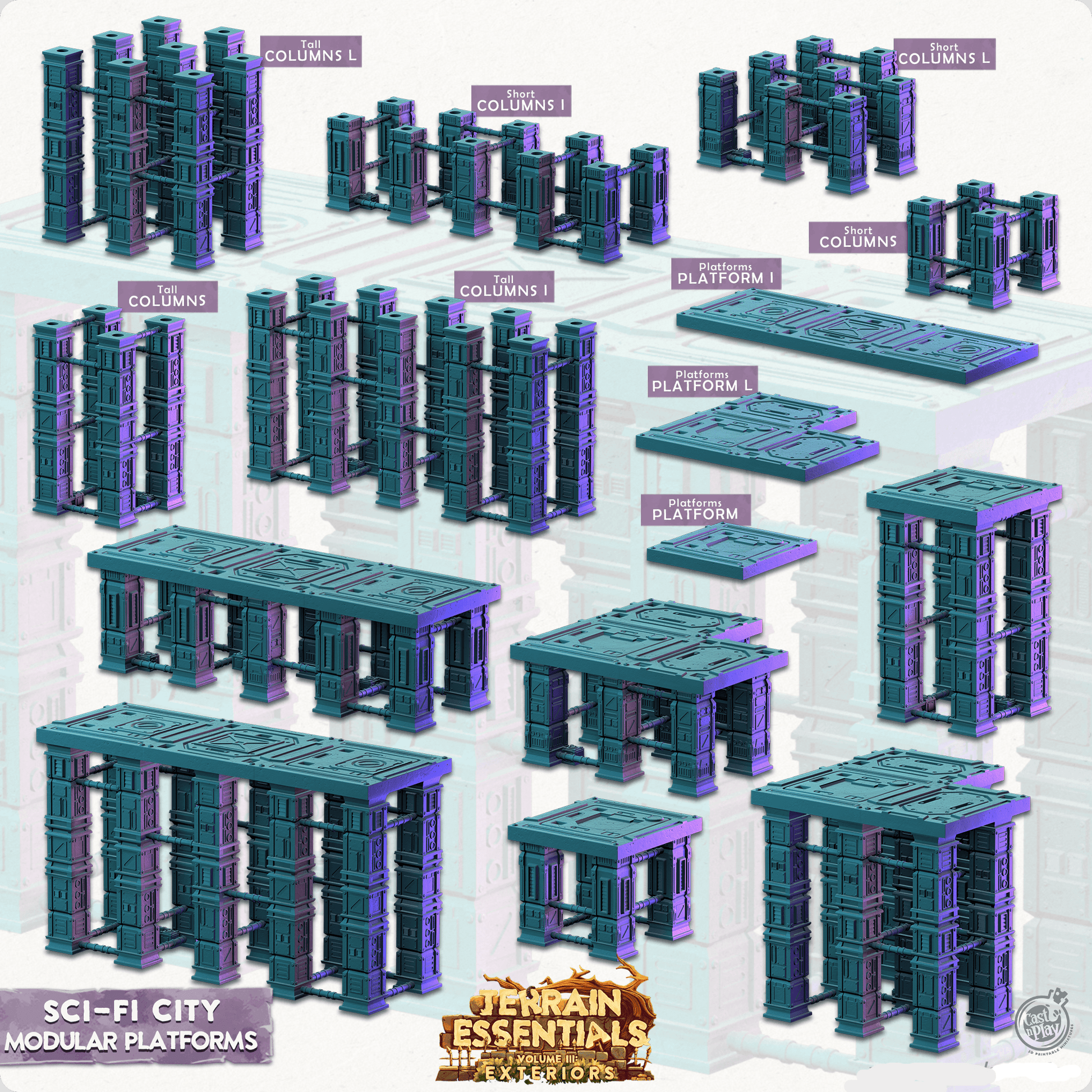 3D Printed Cast n Play Modular Platforms  Sci-Fi City Set Terrain Essentials Vol III Exteriors 28mm 32mm D&D - 3D Printing Boss 