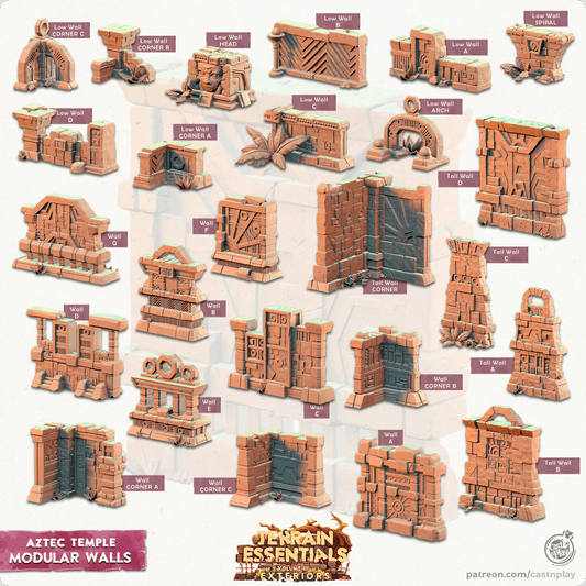 3D Printed Cast n Play Modular Walls Aztec Temple Set 28mm 32mm D&D - 3D Printing Boss 