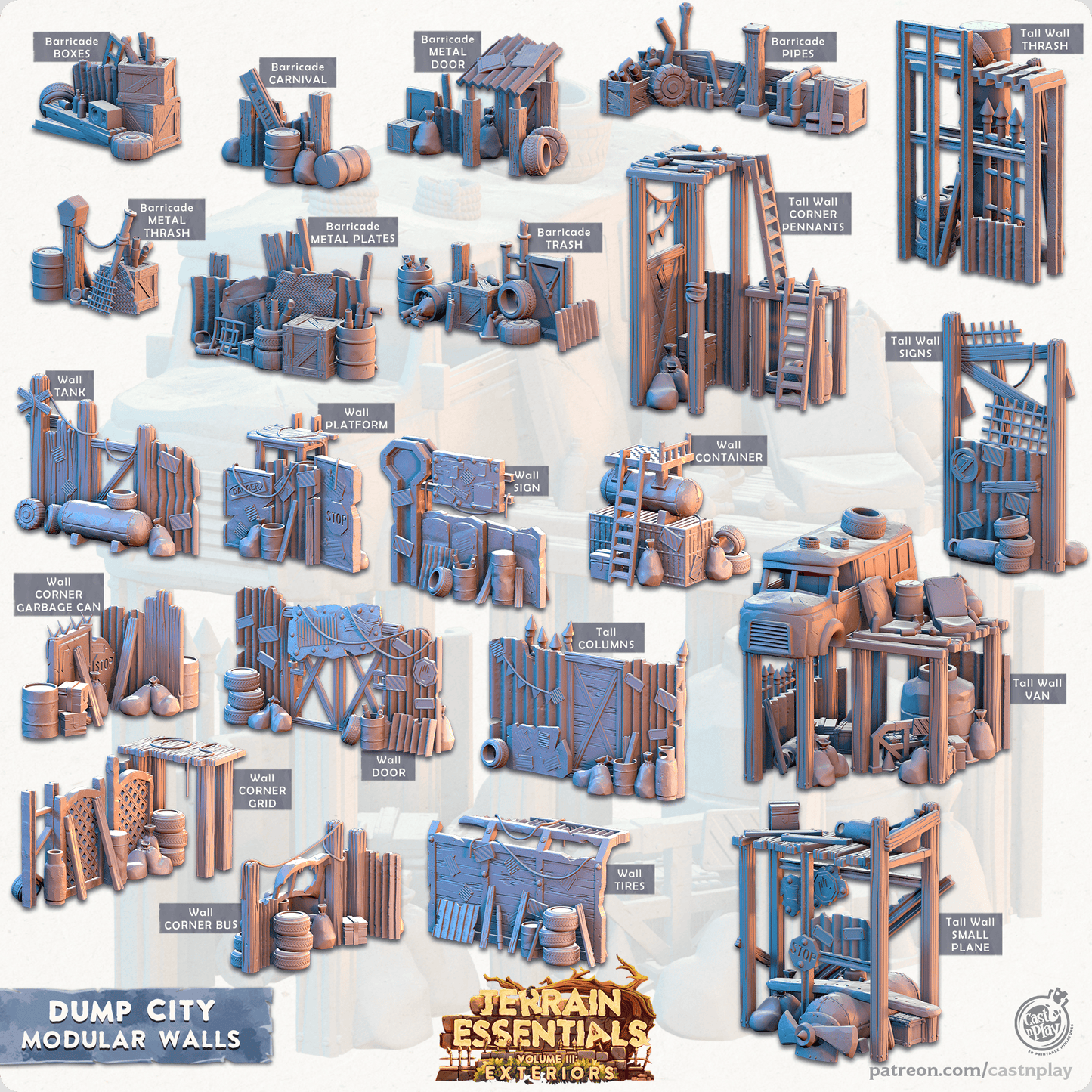3D Printed Cast n Play Modular Walls Dump City Set 28mm 32mm D&D - 3D Printing Boss 