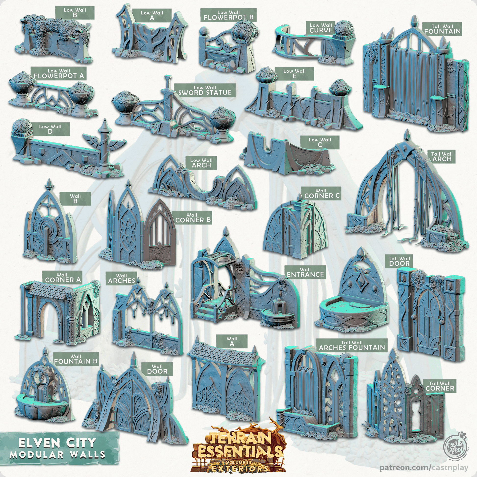 3D Printed Cast n Play Modular Walls Elven City Set Terrain Essentials Vol III Exteriors 28mm 32mm D&D - 3D Printing Boss 