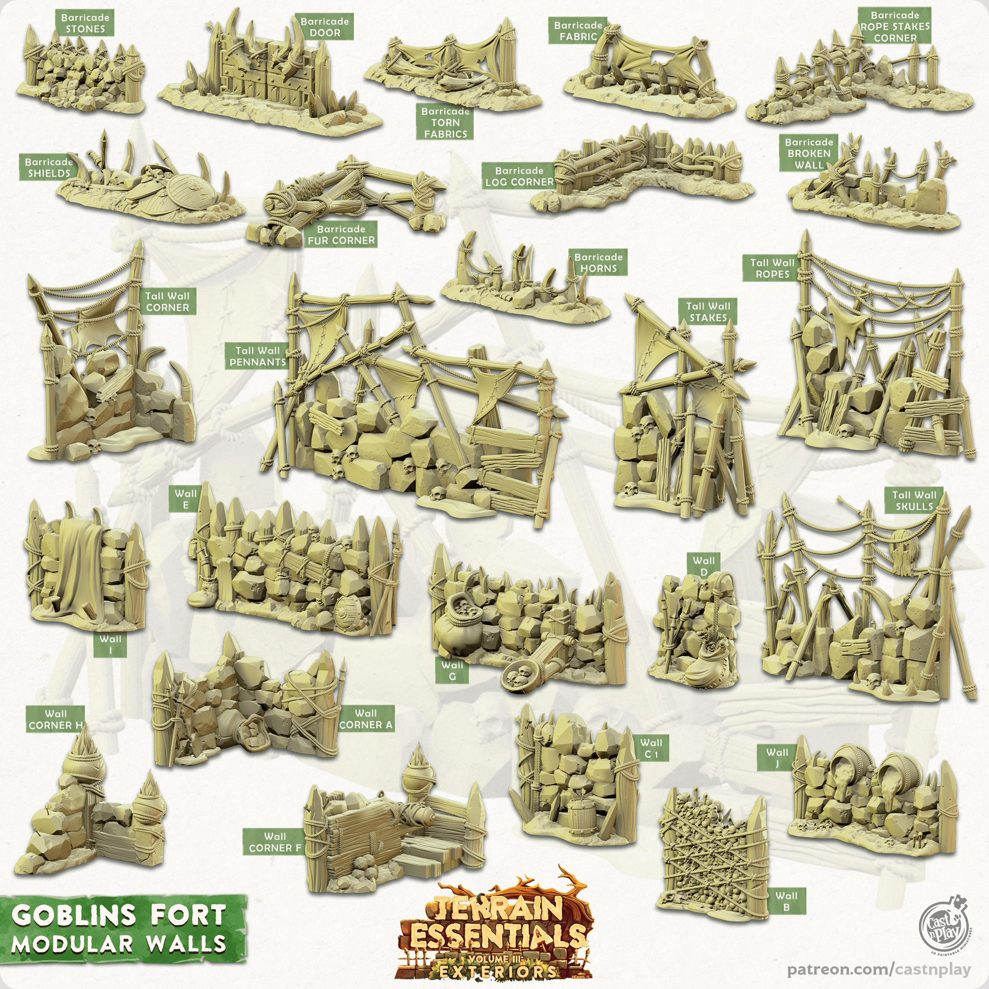 3D Printed Cast n Play Modular Walls Goblins Fort Set 28mm 32mm D&D - 3D Printing Boss 