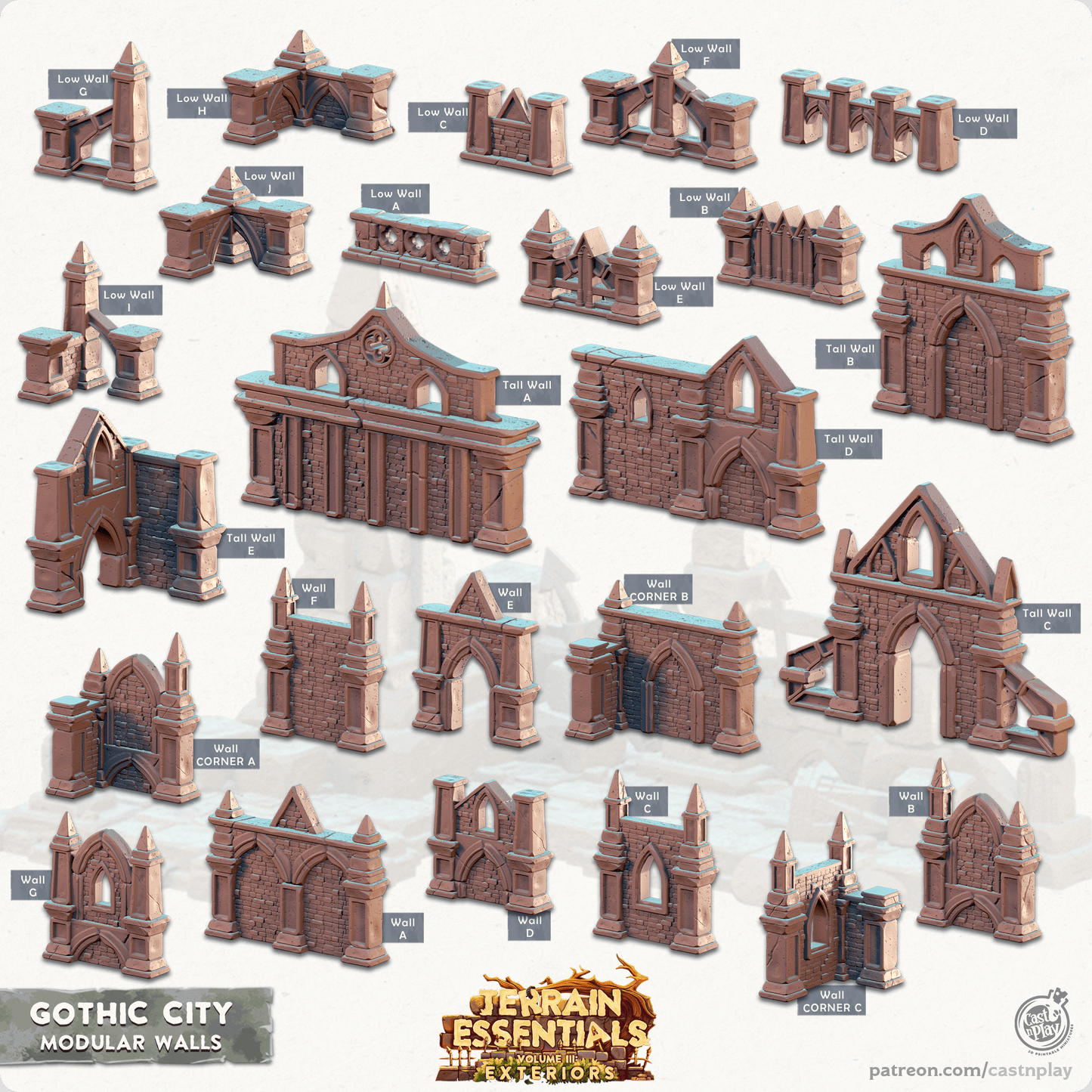 3D Printed Cast n Play Modular Walls Gothic City Set 28mm 32mm D&D - 3D Printing Boss 
