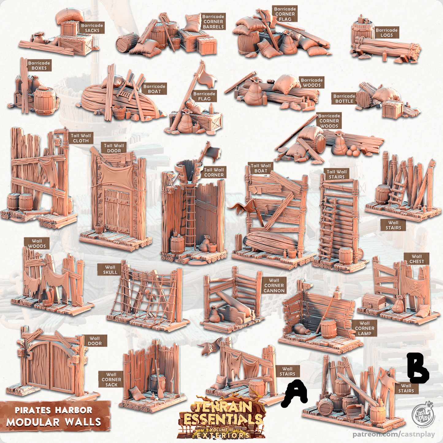 3D Printed Cast n Play Modular Walls Pirates Harbor Set 28mm 32mm D&D - 3D Printing Boss 
