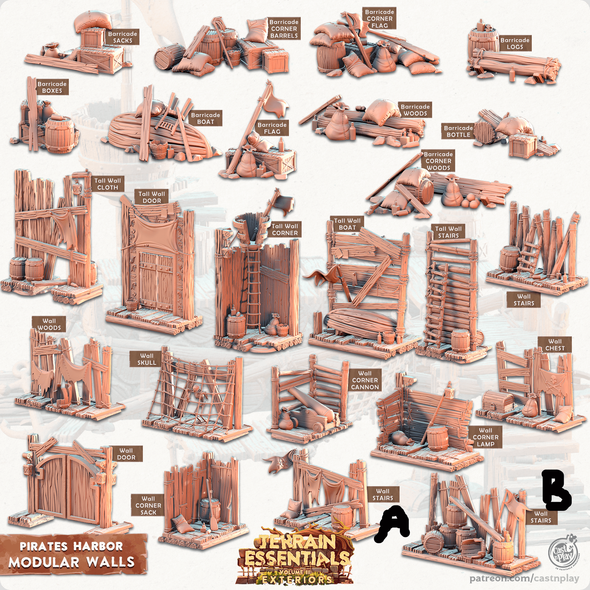 3D Printed Cast n Play Modular Walls Pirates Harbor Set 28mm 32mm D&D - 3D Printing Boss 