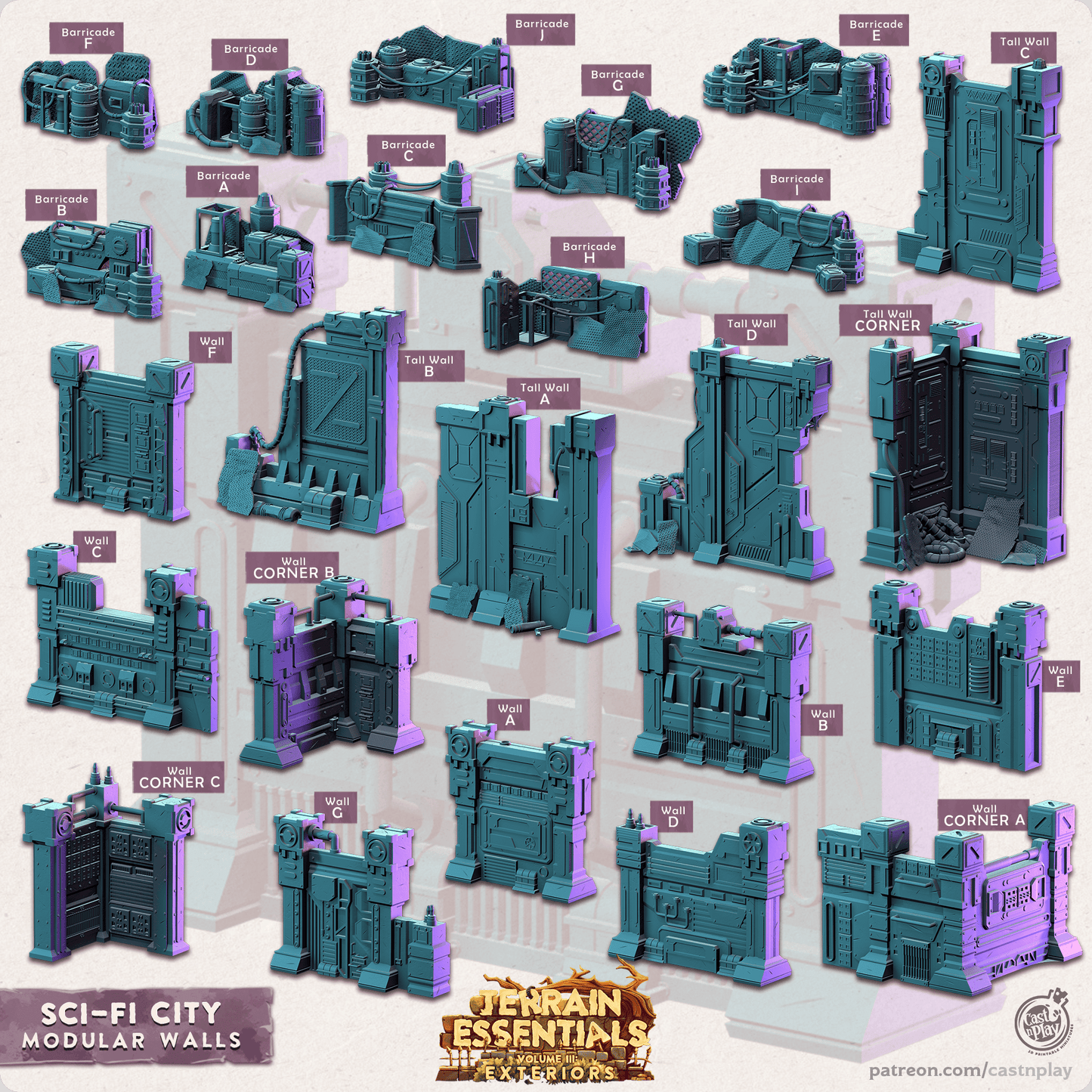 3D Printed Cast n Play Modular Walls Sci-Fi City Set Terrain Essentials Vol III Exteriors 28mm 32mm D&D - 3D Printing Boss 