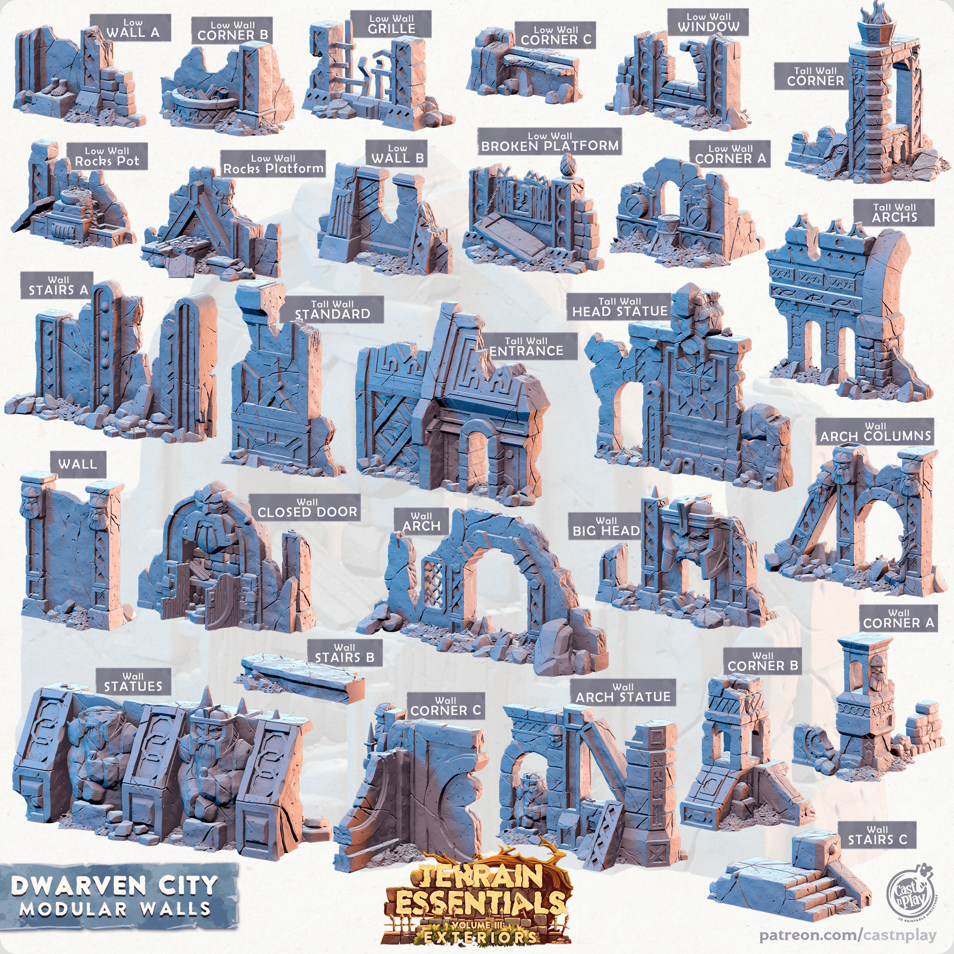3D Printed Cast n Play Modular Walls Terrain Essentials Vol III Exteriors Dwarven City Set 28mm 32mm D&D - 3D Printing Boss 