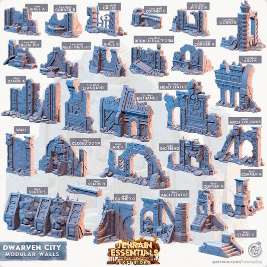 3D Printed Cast n Play Modular Walls Terrain Essentials Vol III Exteriors Dwarven City Set 28mm 32mm D&D - 3D Printing Boss 