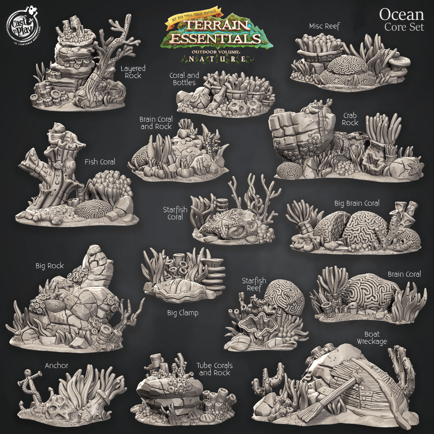3D Printed Cast n Play Ocean Core Set Ocean Terrain Set Terrain Essentials Nature 28mm 32mm D&D - 3D Printing Boss 
