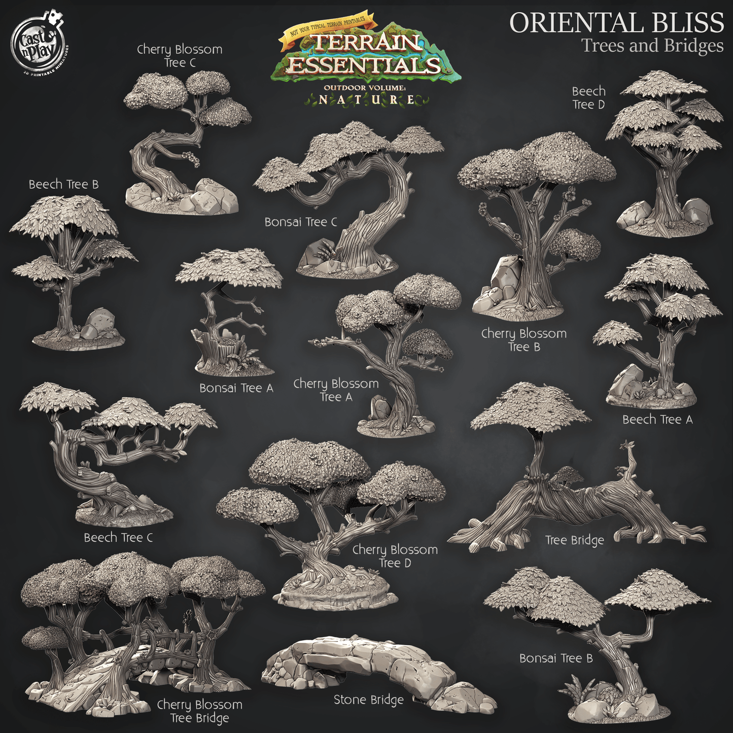 3D Printed Cast n Play Oriental Bliss Trees and Bridges Terrain Set Terrain Essentials Nature 28mm 32mm D&D - 3D Printing Boss 
