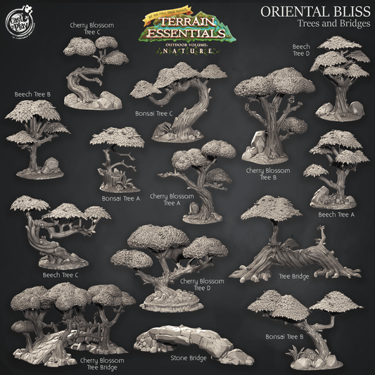 3D Printed Cast n Play Oriental Bliss Trees and Bridges Terrain Set Terrain Essentials Nature 28mm 32mm D&D - 3D Printing Boss 