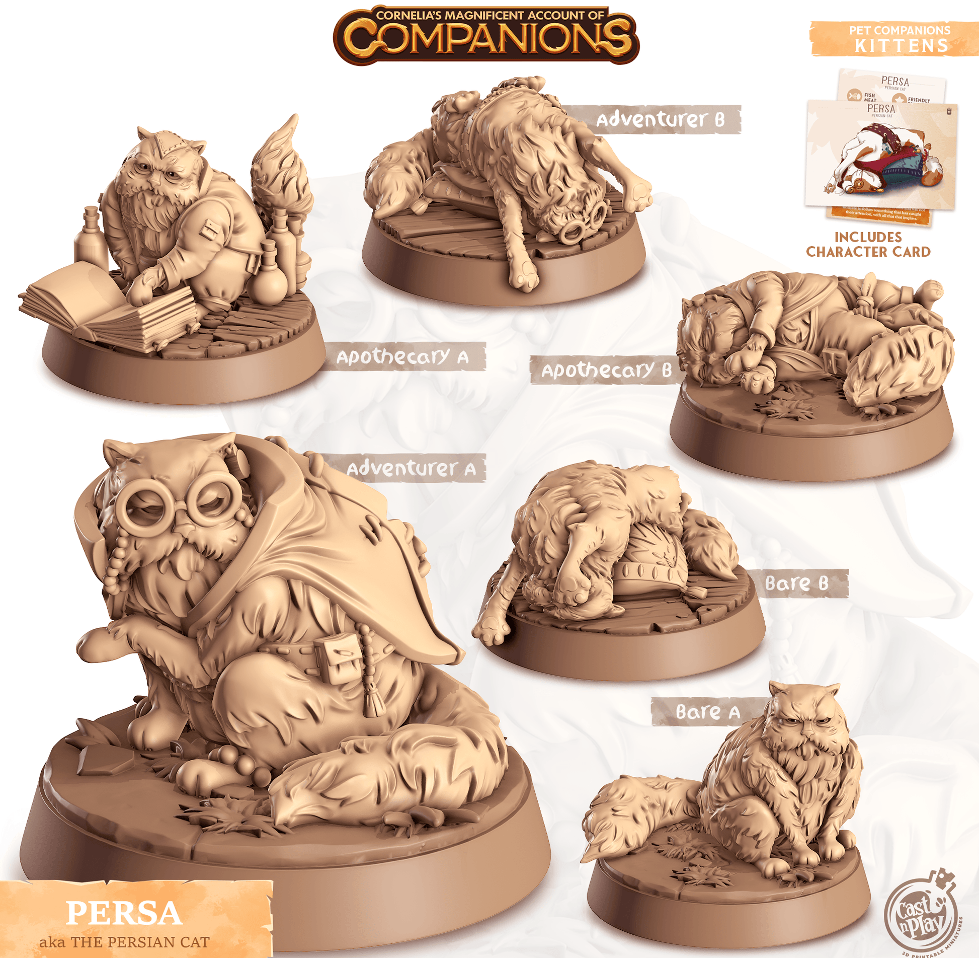 3D Printed Cast n Play Persa - Persian Cat Companions 28mm 32mm D&D - 3D Printing Boss 
