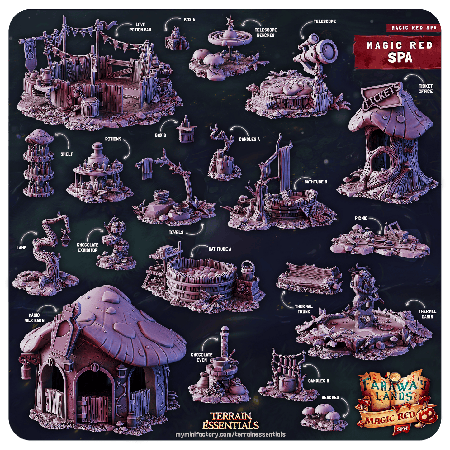 3D Printed Cast n Play Red Magic Spa Set 28mm 32mm D&D - 3D Printing Boss 