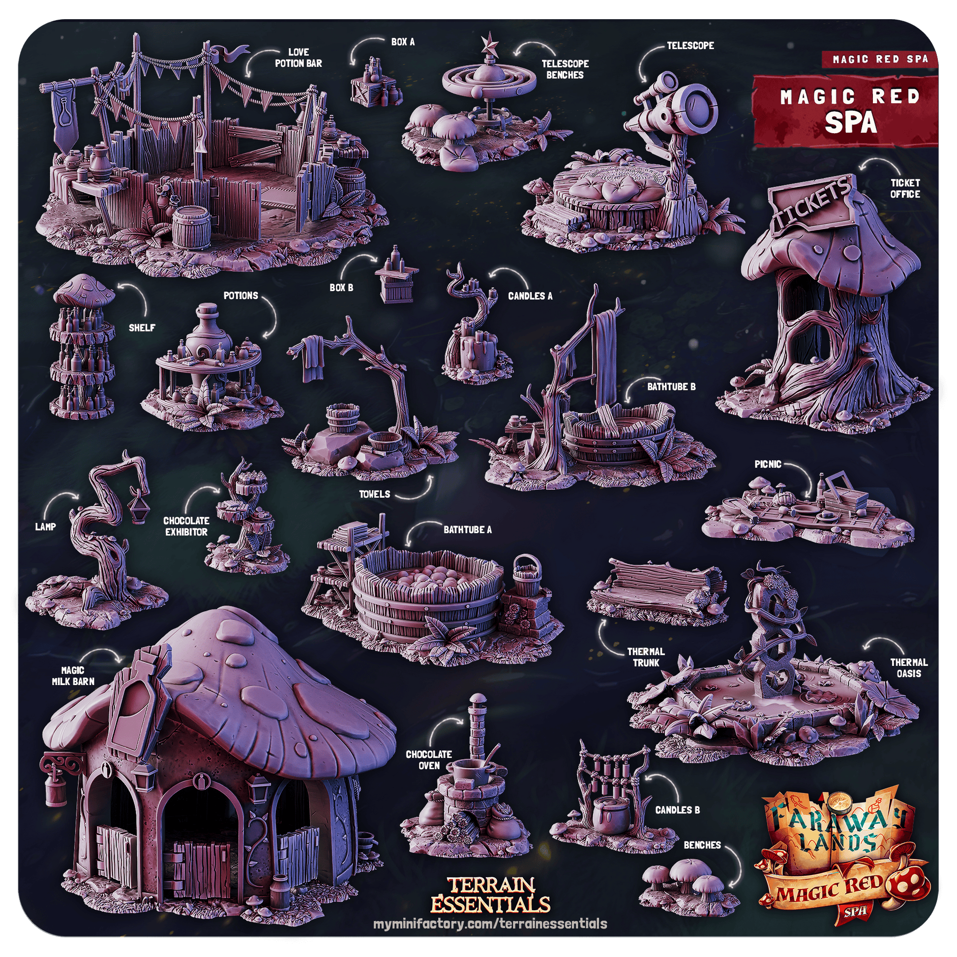 3D Printed Cast n Play Red Magic Spa Set 28mm 32mm D&D - 3D Printing Boss 