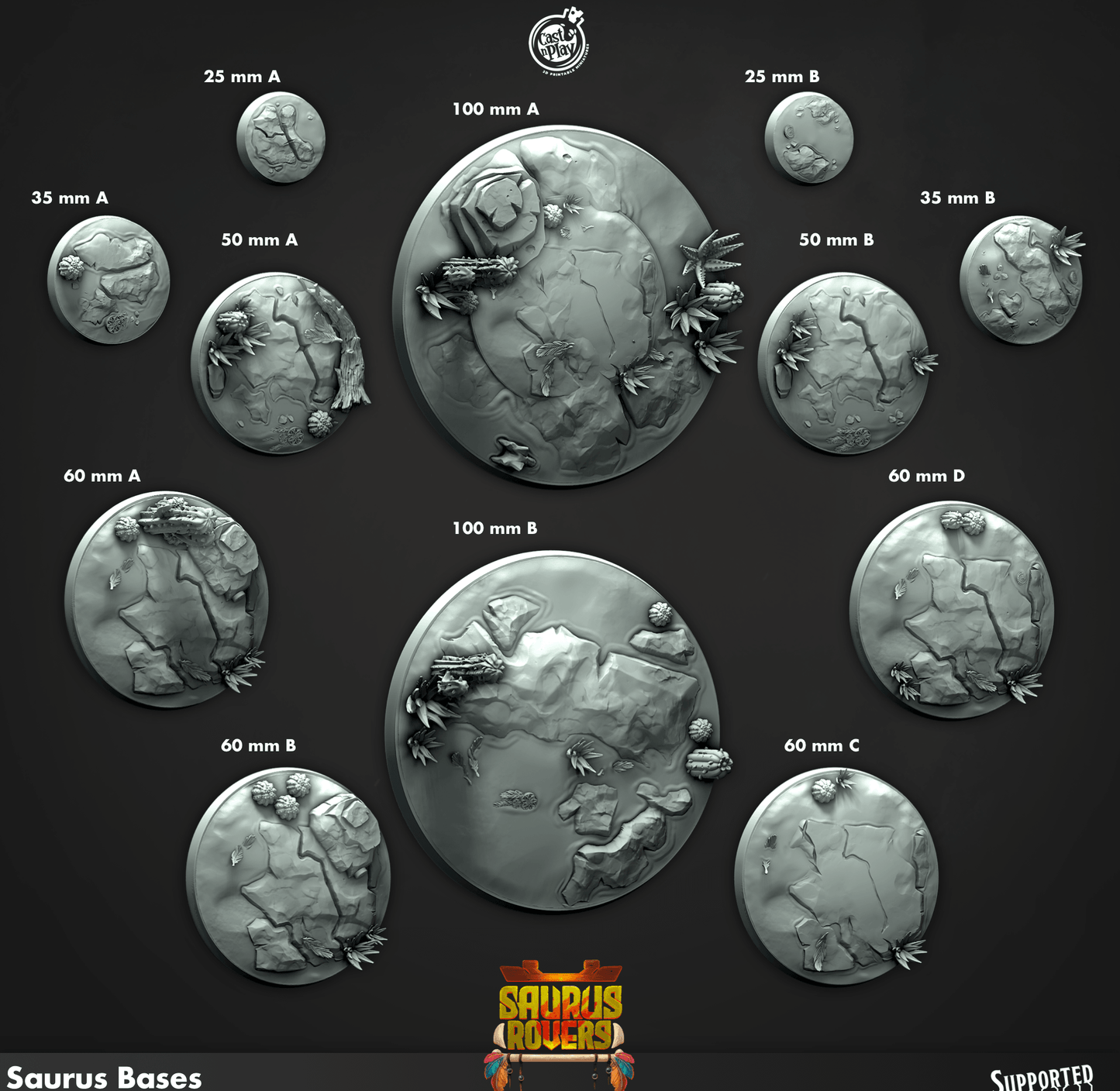 3D Printed Cast n Play Saurus Bases Saurus Rovers Set 28mm 32mm D&D - 3D Printing Boss 