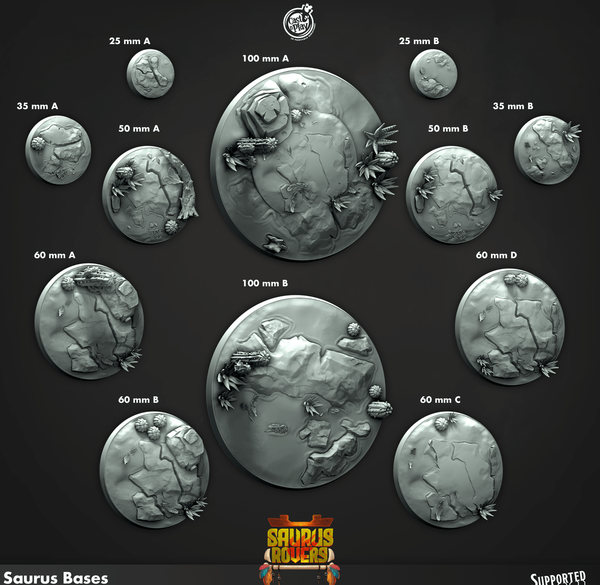 3D Printed Cast n Play Saurus Bases Saurus Rovers Set 28mm 32mm D&D - 3D Printing Boss 