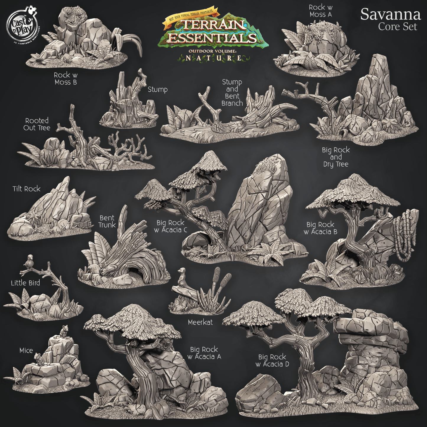 3D Printed Cast n Play Savanna Core Set Savanna Terrain Set Terrain Essentials Nature 28mm 32mm D&D - 3D Printing Boss 