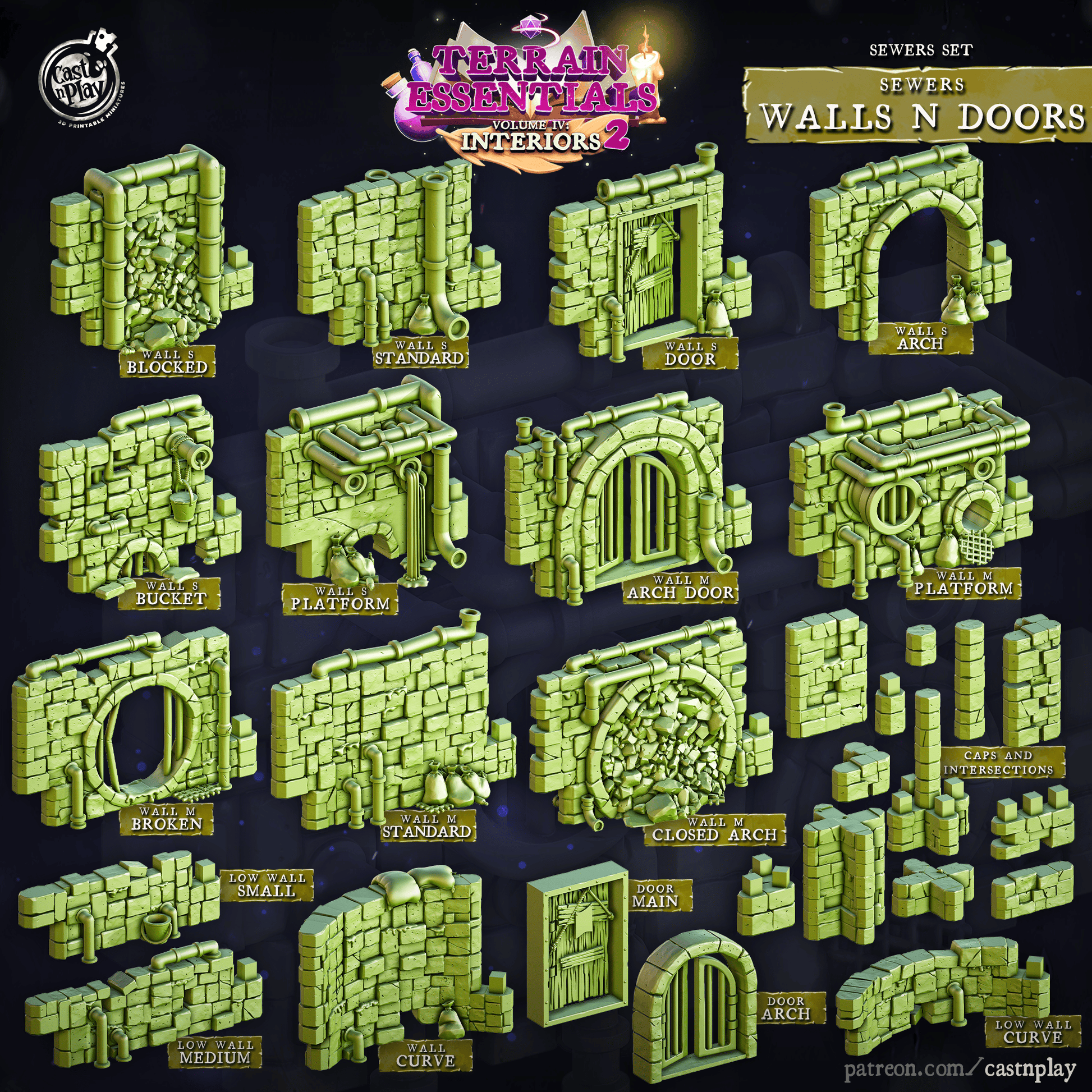 3D Printed Cast n Play Sewers Walls and Doors Set 28mm 32mm D&D - 3D Printing Boss 