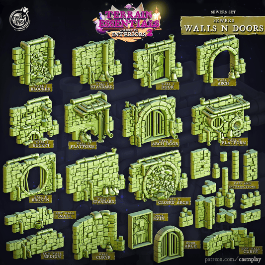 3D Printed Cast n Play Sewers Walls and Doors Set 28mm 32mm D&D - 3D Printing Boss 