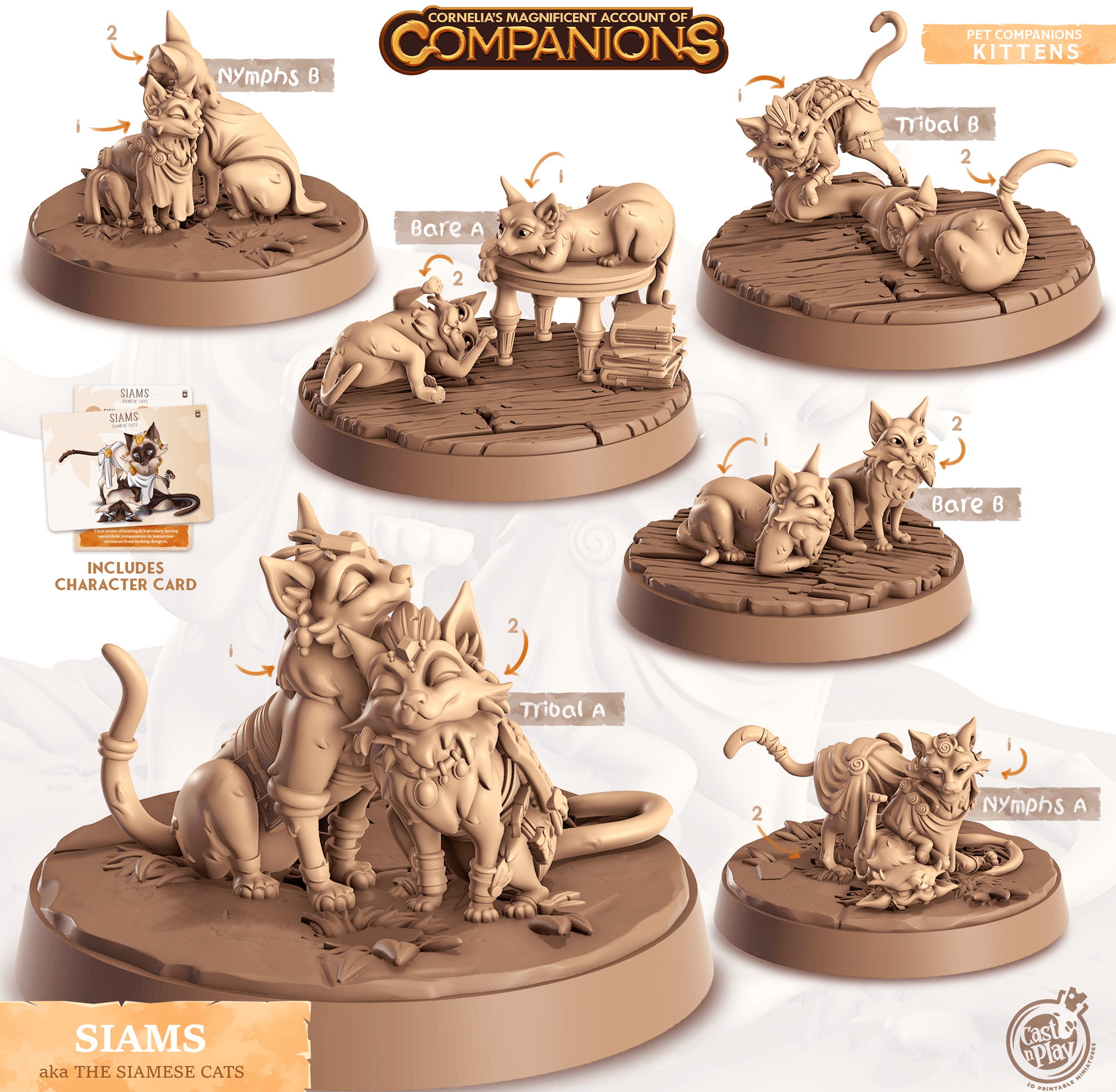 3D Printed Cast n Play Siams - Siamese Cats Companions 28mm 32mm D&D - 3D Printing Boss 