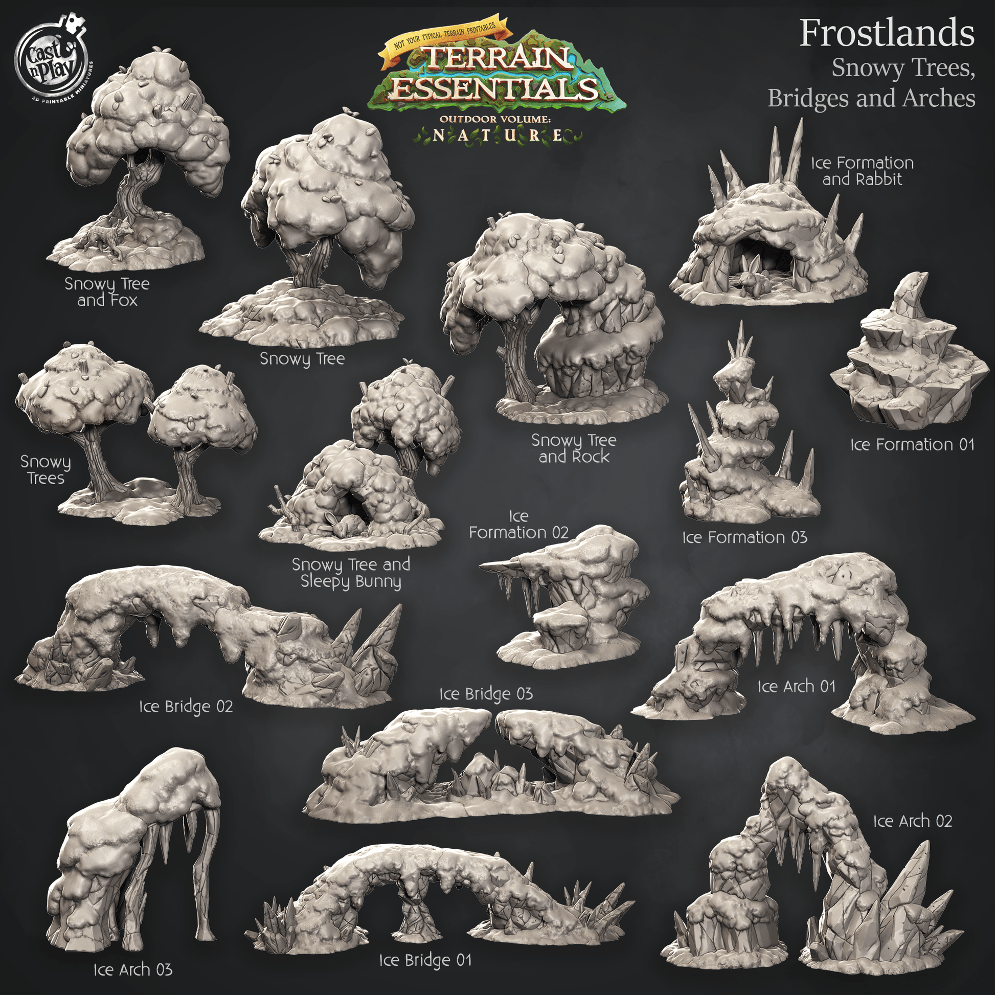 3D Printed Cast n Play Snowy Trees, Bridges and Arches Frostlands Terrain Set Terrain Essentials Nature 28mm 32mm D&D - 3D Printing Boss 