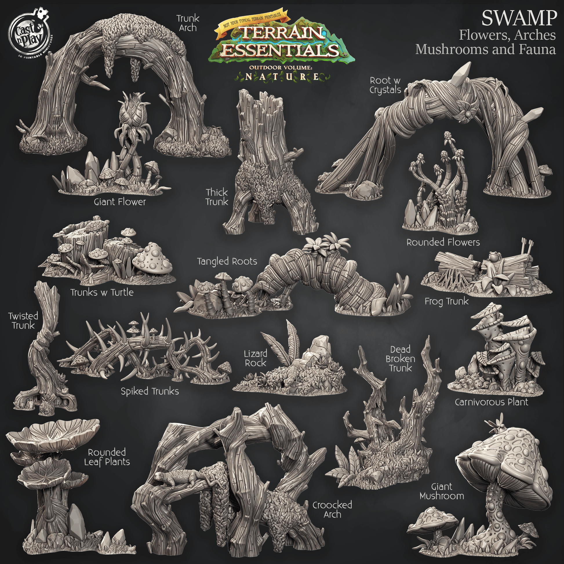 3D Printed Cast n Play Swamp Terrain Flowers, Arches, Mushrooms and Fauna Set Terrain Essentials Nature 28mm 32mm D&D - 3D Printing Boss 
