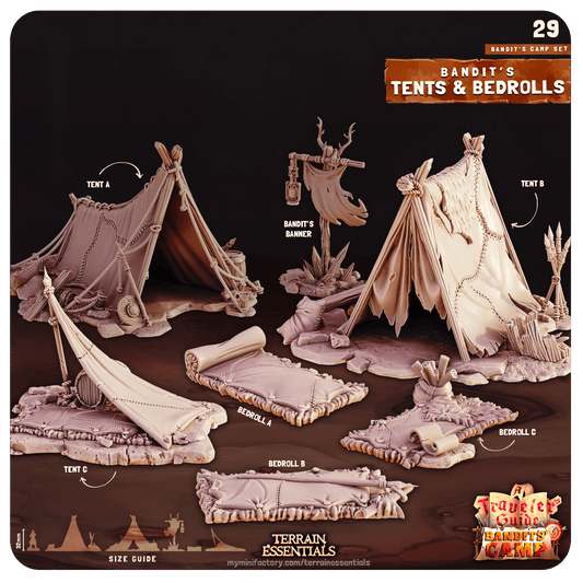 3D Printed Cast n Play Tents and Bedrolls Bandits Camp Terrain Set 28mm 32mm D&D - 3D Printing Boss 