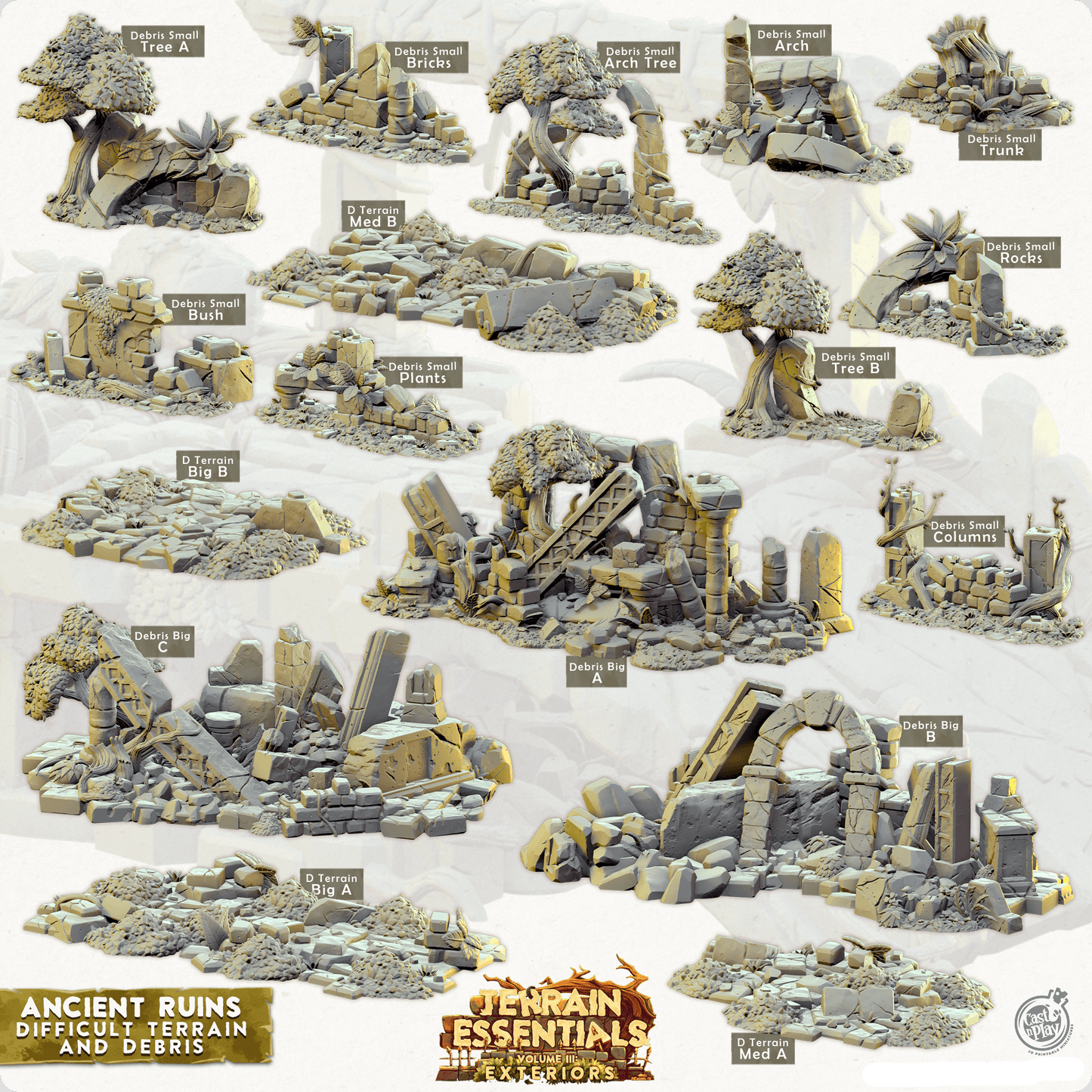 3D Printed Cast n Play Terrain Essentials Exteriors - Ancient Ruins Debris and Difficult Terrain Set 28mm 32mm D&D - 3D Printing Boss 