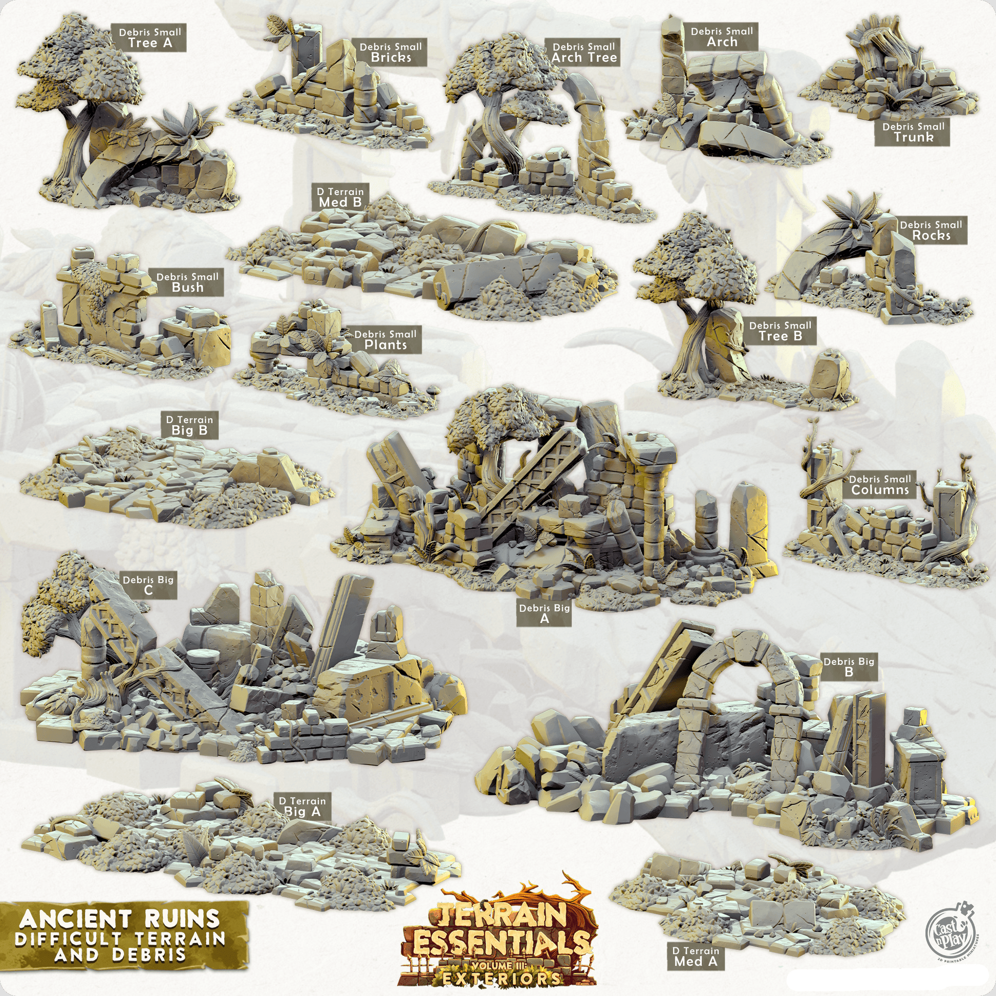 3D Printed Cast n Play Terrain Essentials Exteriors - Ancient Ruins Debris and Difficult Terrain Set 28mm 32mm D&D - 3D Printing Boss 