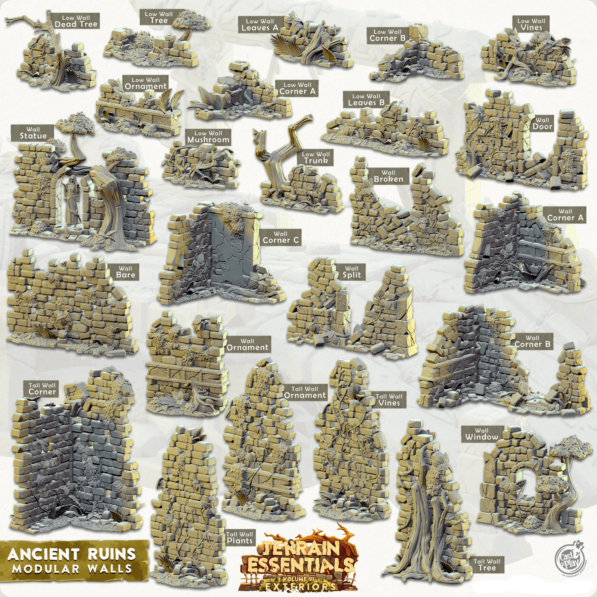 3D Printed Cast n Play Terrain Essentials Exteriors - Ancient Ruins Modular Walls Set 28mm 32mm D&D - 3D Printing Boss 