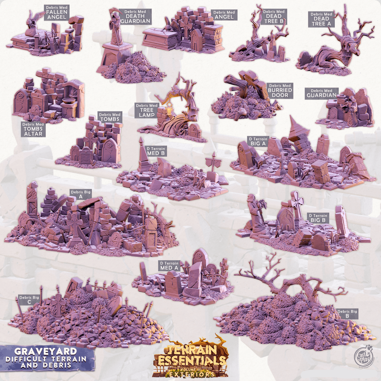 3D Printed Cast n Play Terrain Essentials Exteriors - Graveyard Difficult Terrain and Debris Set 28mm 32mm D&D - 3D Printing Boss 