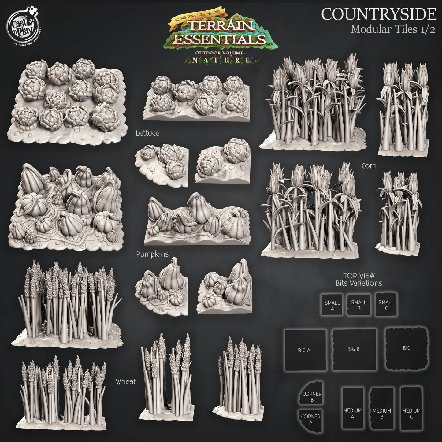 3D Printed Cast n Play Terrain Essentials Nature Meadows & Countryside Terrain - Countryside Modular Tiles Set 28mm 32mm D&D - 3D Printing Boss 