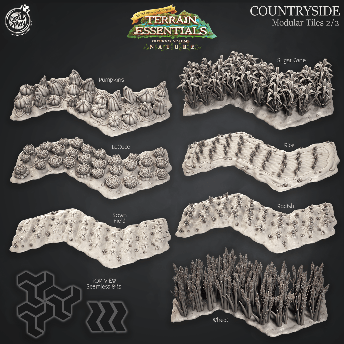 3D Printed Cast n Play Terrain Essentials Nature Meadows & Countryside Terrain - Countryside Modular Tiles Set 28mm 32mm D&D - 3D Printing Boss 