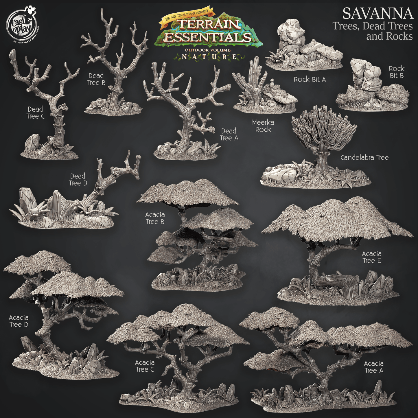 3D Printed Cast n Play Terrain Essentials Nature Savanna Terrain - Trees, Dead Trees and Rocks Set 28mm 32mm D&D - 3D Printing Boss 