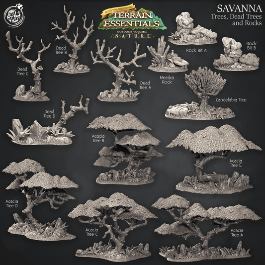3D Printed Cast n Play Terrain Essentials Nature Savanna Terrain - Trees, Dead Trees and Rocks Set 28mm 32mm D&D - 3D Printing Boss 