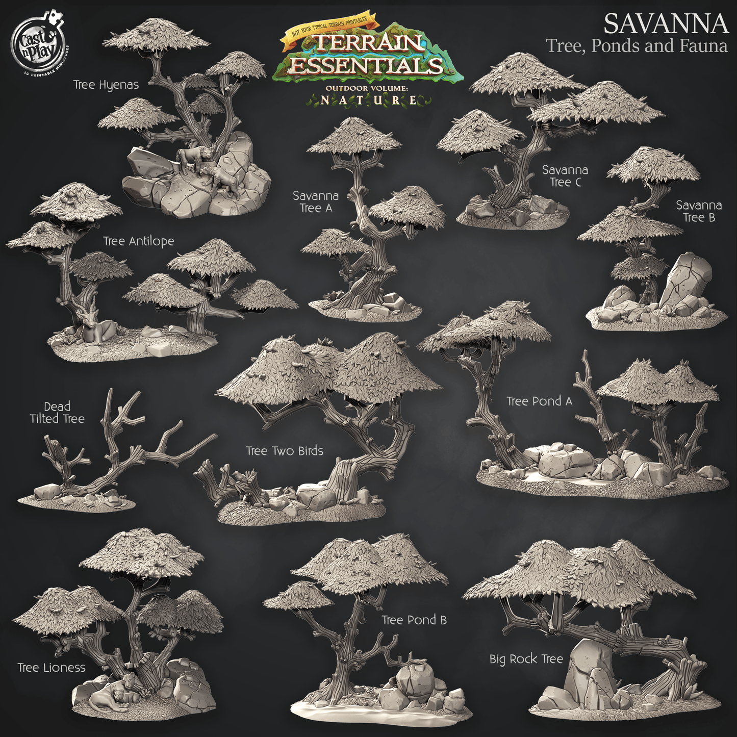 3D Printed Cast n Play Terrain Essentials Nature - Savanna Terrain Trees, Ponds and Fauna Set 28mm 32mm D&D - 3D Printing Boss 