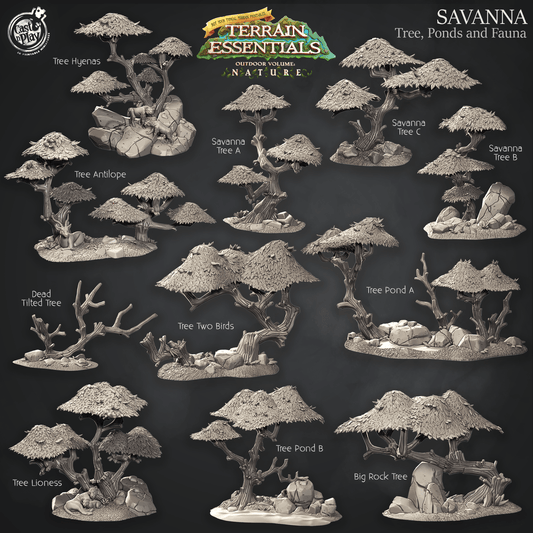 3D Printed Cast n Play Terrain Essentials Nature - Savanna Terrain Trees, Ponds and Fauna Set 28mm 32mm D&D - 3D Printing Boss 