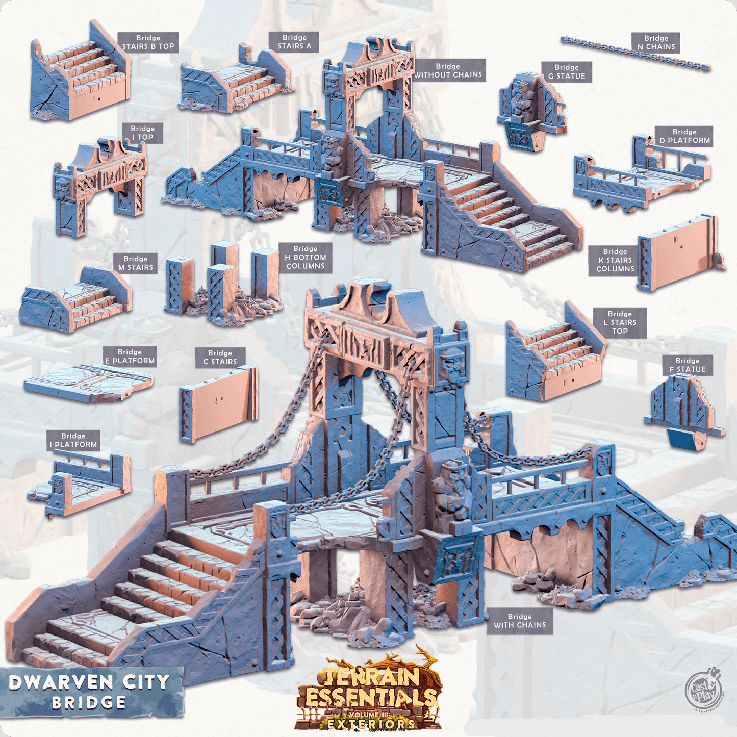 3D Printed Cast n Play Terrain Essentials Vol III Exteriors Dwarven City Set Bridge 28mm 32mm D&D - 3D Printing Boss 
