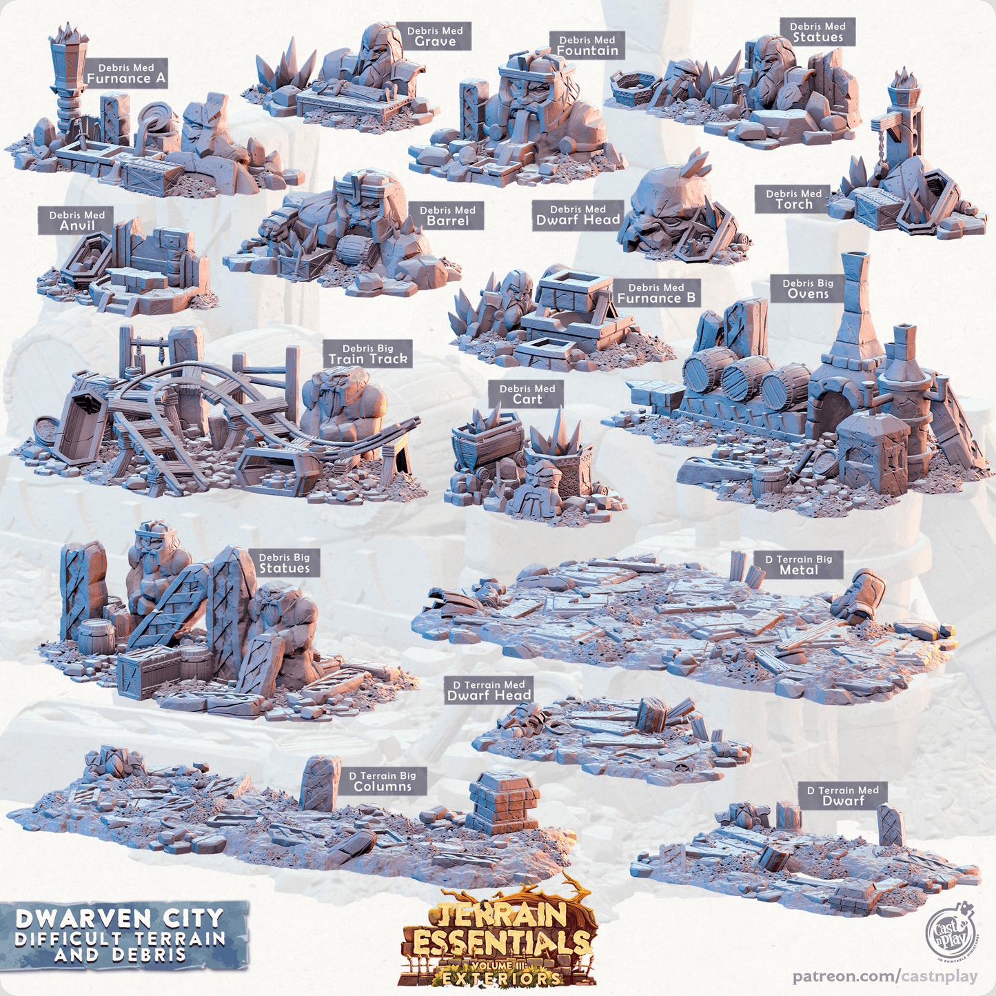 3D Printed Cast n Play Terrain Essentials Vol III Exteriors Dwarven City Set Debris and Difficult Terrain 28mm 32mm D&D - 3D Printing Boss 
