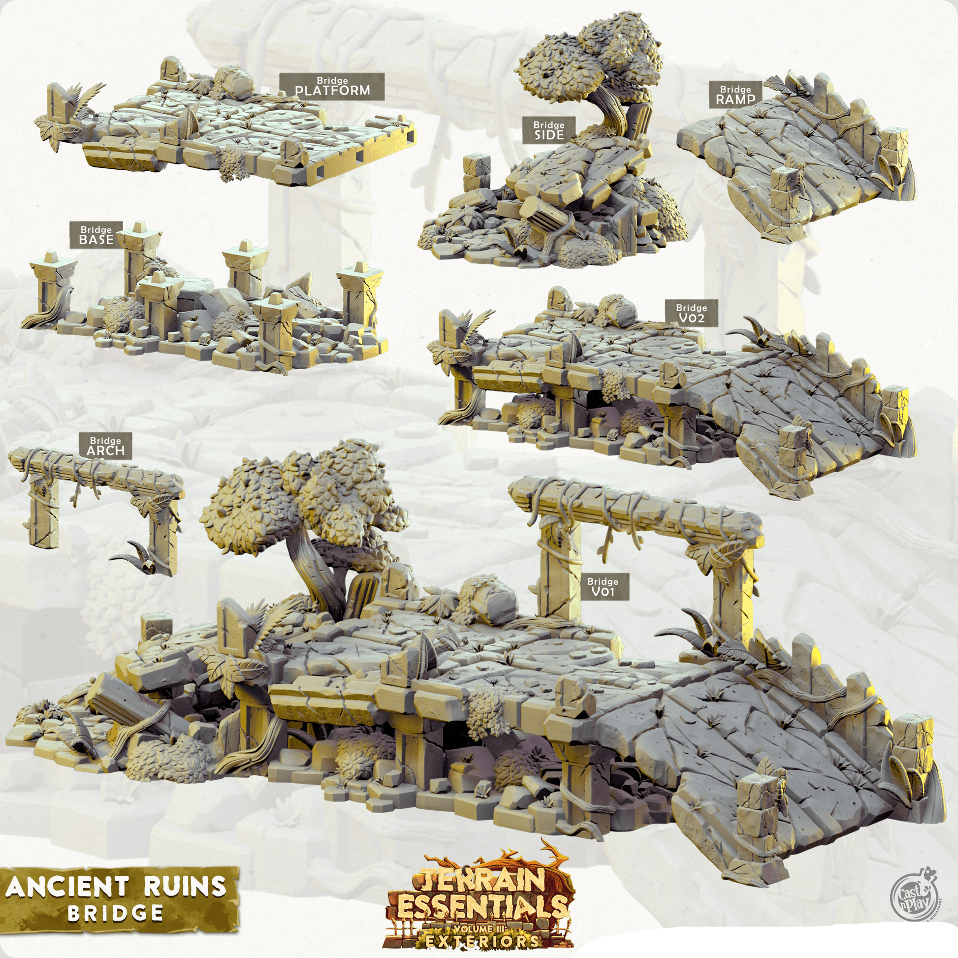 3D Printed Cast n Play Terrian Essentials Exteriors Ancient Ruins - Bridge Ancient Ruins Set 28mm 32mm D&D - 3D Printing Boss 