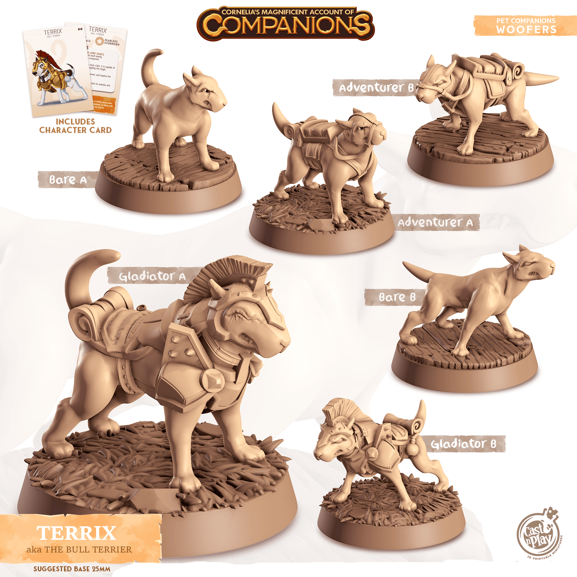 3D Printed Cast n Play Terrix - Bull Terrier Companions 28mm 32mm D&D - 3D Printing Boss 
