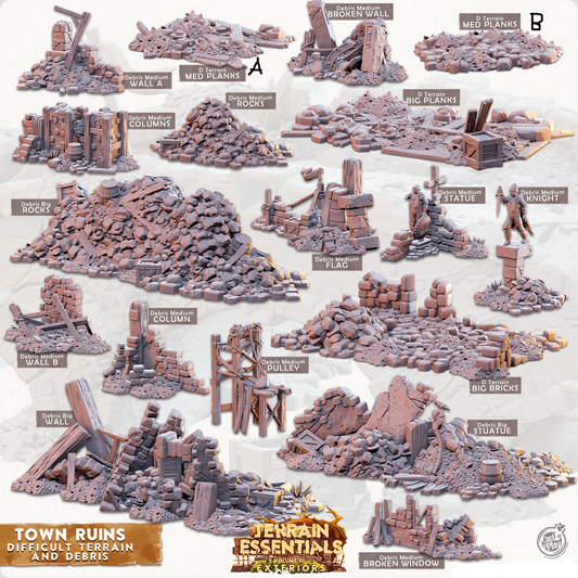 3D Printed Cast n Play Town - Debris and Difficult Terrain Town Ruins Set 28mm 32mm D&D - 3D Printing Boss 