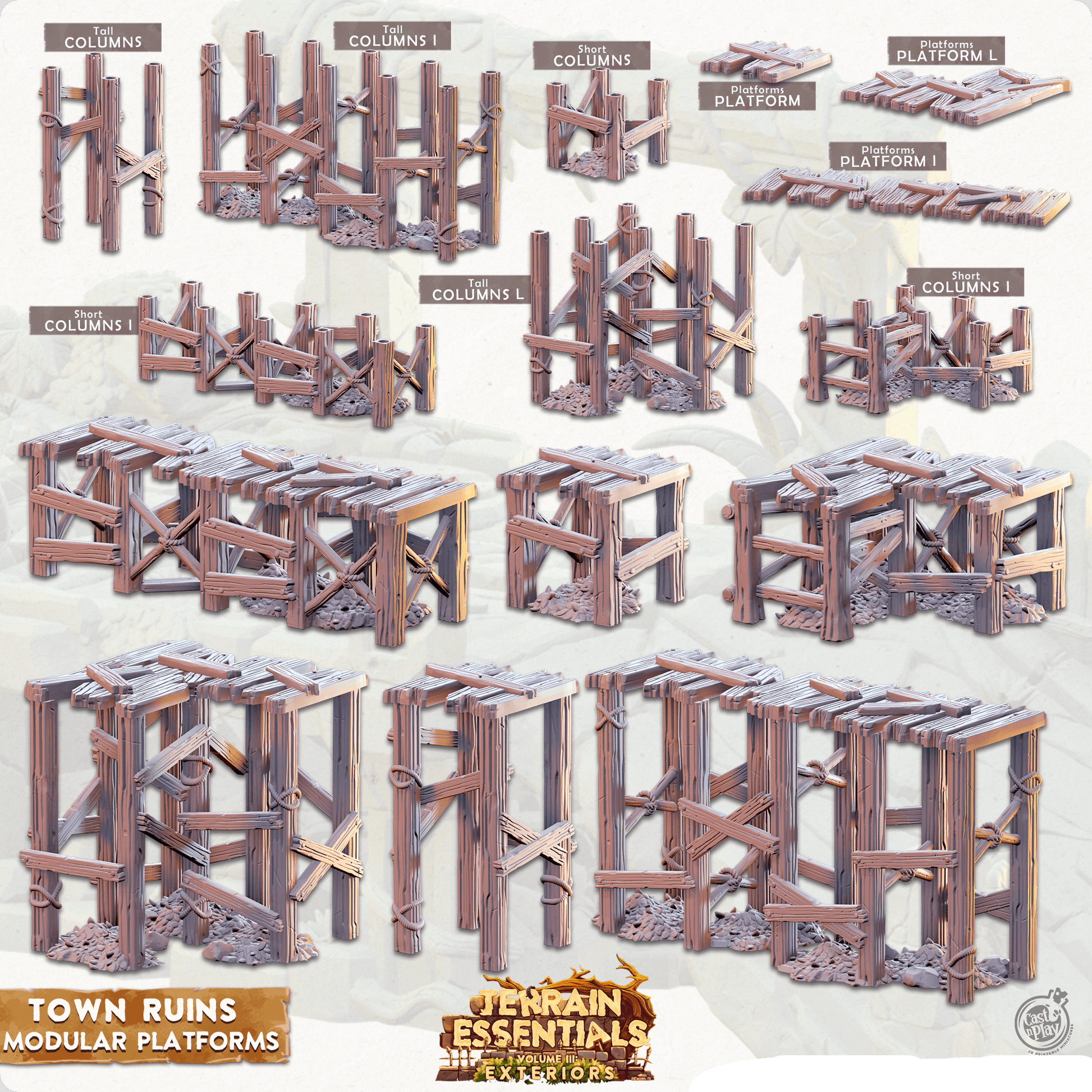 3D Printed Cast n Play Town - Town Ruins Modular Platforms Set 28mm 32mm D&D - 3D Printing Boss 