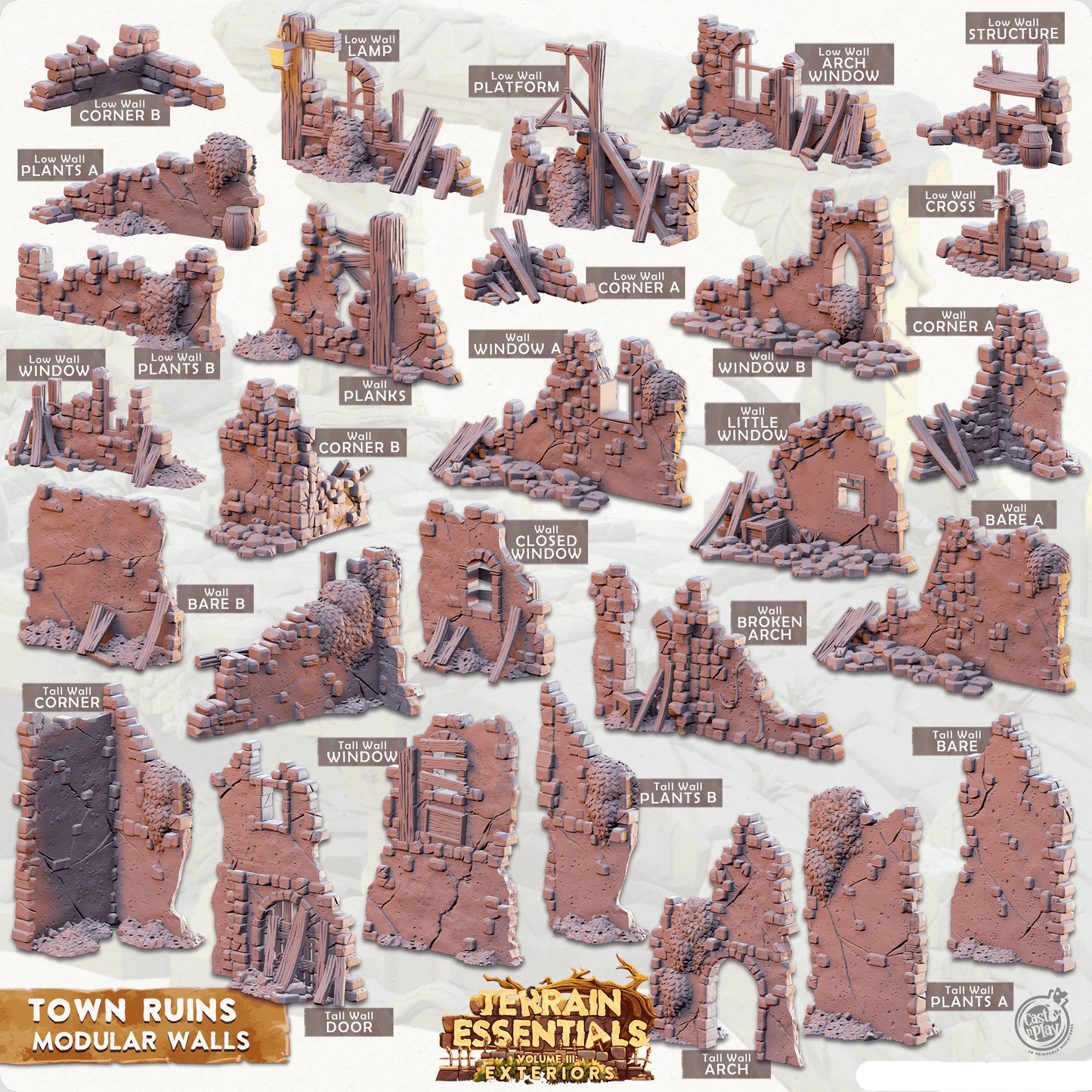 3D Printed Cast n Play Town - Town Ruins Modular Walls Set 28mm 32mm D&D - 3D Printing Boss 